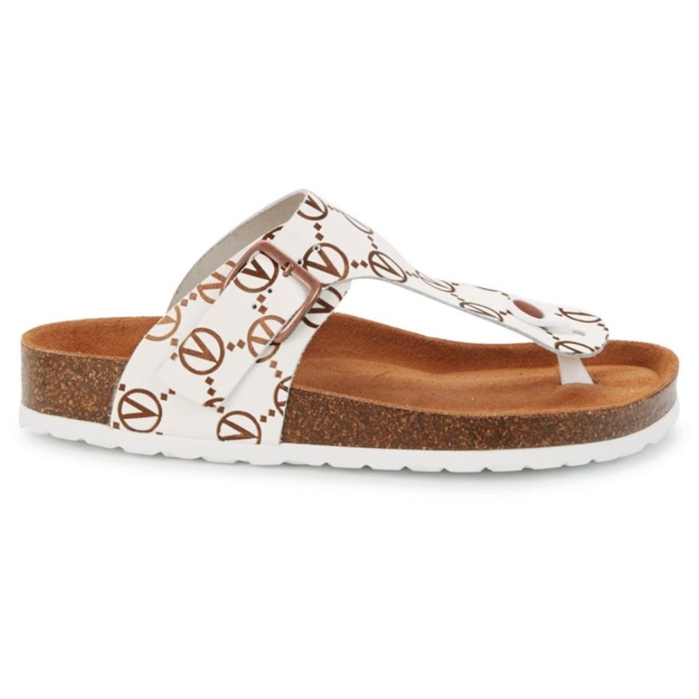 Valentino Birkie Toe White Gold Bronze Logo Leather Buckle T-Strap Flat Sandal 7